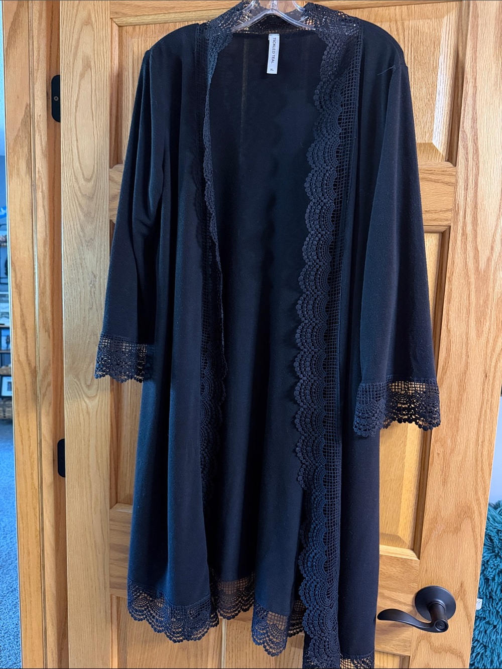 Tickled Teal Black Lace-Trim Sheer Robe